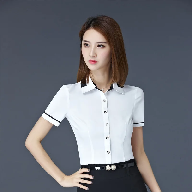 Летние Формальные элегантные тонкие подходящие блузки с коротким рукавом