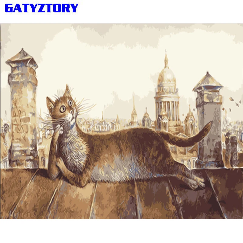 Фото GATYZTORY бескаркасная картина DIY по номерам кошка животные Современная Настенная