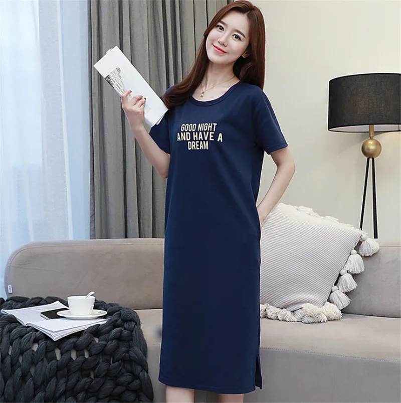 [Lakysilk] 3XL хлопковое Женское ночное платье с круглым вырезом и принтом с буквами из мультфильмов, ночная рубашка с коротким рукавом, удобная свободная летняя одежда для сна - Цвет: color19
