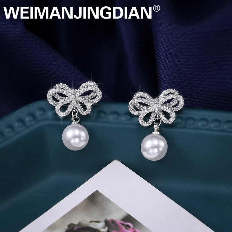 WEIMANJINGDIAN Sparkling Cubic Zirconia CZ Zircon Crystal and Shell Pearl Drop Earrings for Women or Girls | Украшения и