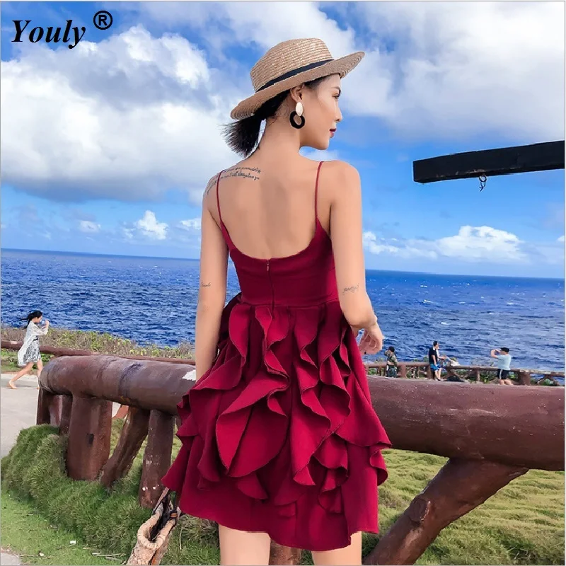 

Summer Sexy Party Dress Women's Backless Hollow Out Ruffles Bundle Waist V-neck Strap Mini Dress Red Vintage Boho Dress