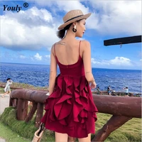 summer sexy party dress womens 2021 backless hollow out ruffles bundle waist v neck strap mini dress red vintage boho dress