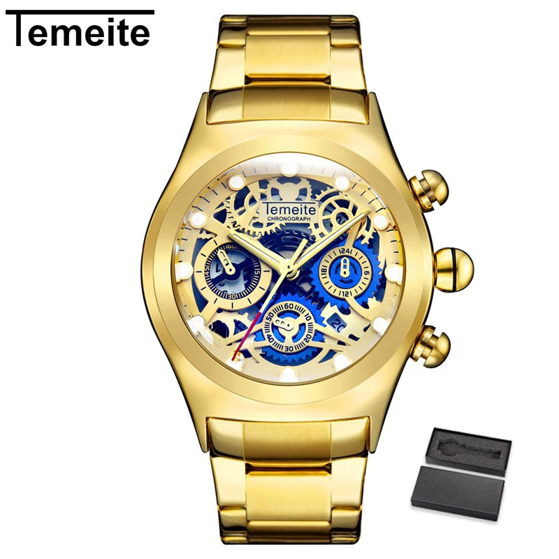 TEMEITE 9 with box Relogio TEMEITE Мужские часы Роскошные модные золотые кварцевые часы бизнес полностью Стальные наручные часы водонепроницаемые мужские часы - Цвет: TEMEITE 9 with box