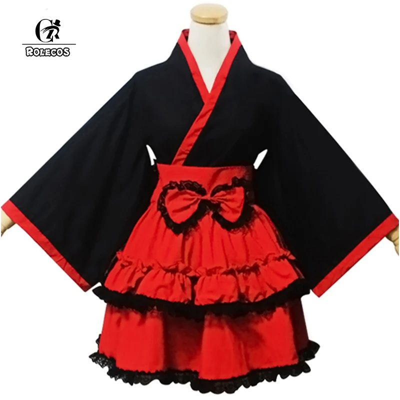 ROLECOS новинка японское кимоно черный красный пэчворк милое женское платье лолиты