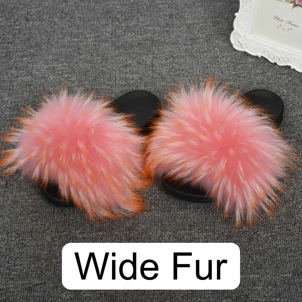Pink Orange 14cm Г., новые женские шлепанцы с натуральным мехом енота, широкие пушистые Вьетнамки, летние сандалии шлепанцы с натуральным мехом, S6047 - Цвет: Pink Orange 14cm