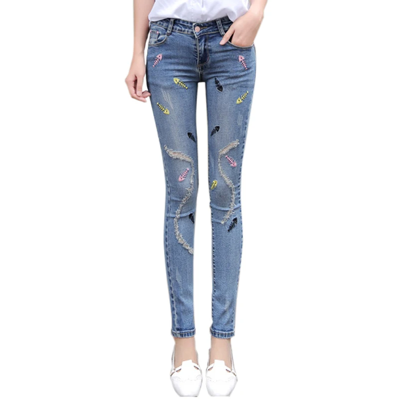 Модный бренд, обтягивающие джинсы для женщин, эластичные джинсовые узкие брюки с вышивкой, рваные узкие джинсы с рисунком рыбы для молодых девушек
