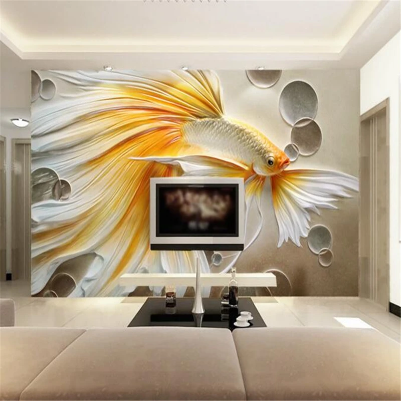 3D тисненый фон Beibehang с золотыми рыбками для телевизора 3d обои гостиной спальни