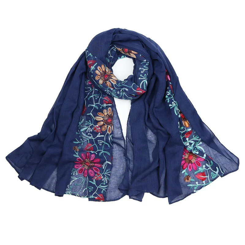 Navy Blue Головной платок мусульманок с вышивкой из хлопка и льна шарфы цветы вышитые шали зимние теплые женские шали из пашмины шаль и обертывание хиджабы - Цвет: Navy Blue