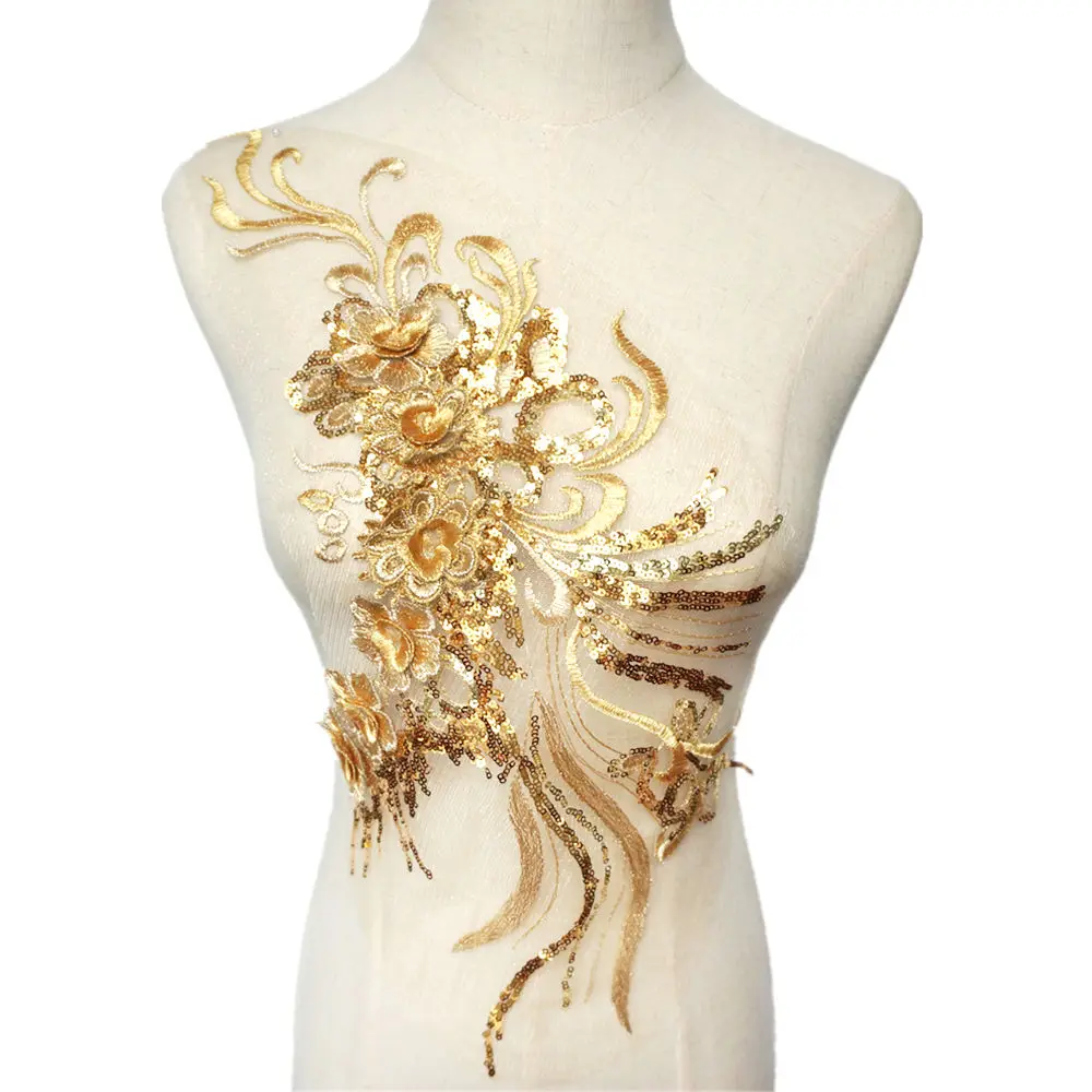 Золотые серебряные 3D цветы блестки кисточки вышивка Аппликации отделка из сетки