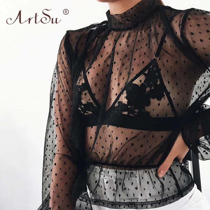 Женская сетчатая блузка ArtSu кружевная в горошек с круглым вырезом и оборками лето