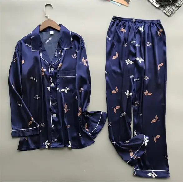 blue2 New brand men pajama set long sleeve silk men's pajamas print casual home clothes male sleepwear pyjama suit pijama hombre - Цвет: blue2