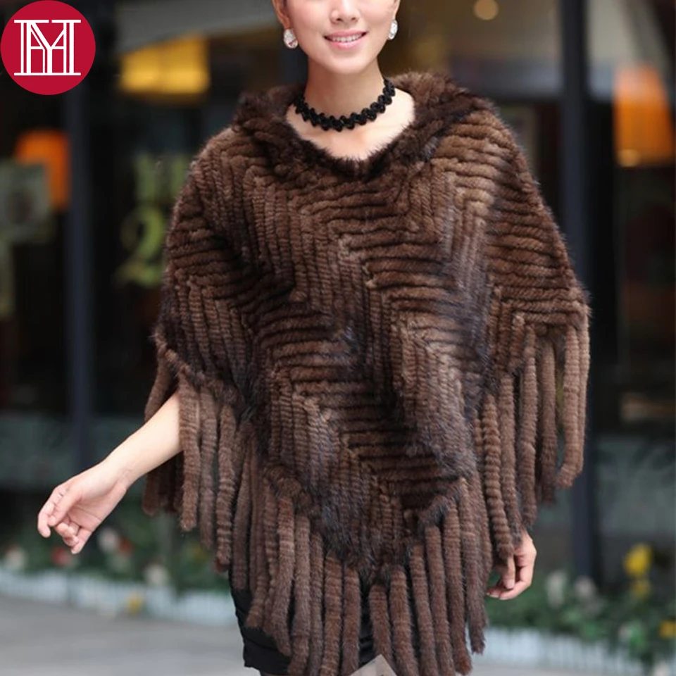 Шаль из натурального меха норки женская модное Вязаное пончо высшего качества с