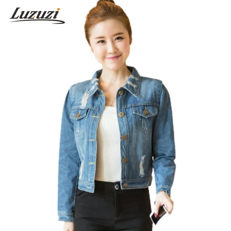 Новинка 2017 женская джинсовая куртка Весенняя мода рваные джинсы пальто с длинным