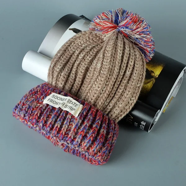 Khaki Cap Новая Толстая теплая вязаная шапка зимняя шапка s с помпонами для женщин мягкая Лоскутная цветная шапочка шапка вязаные трикотажные шапки Skullies осень - Цвет: Khaki Cap