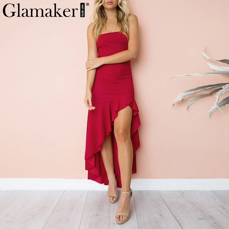 Женское длинное платье с высокой талией Glamaker черное вечернее рюшами и открытой