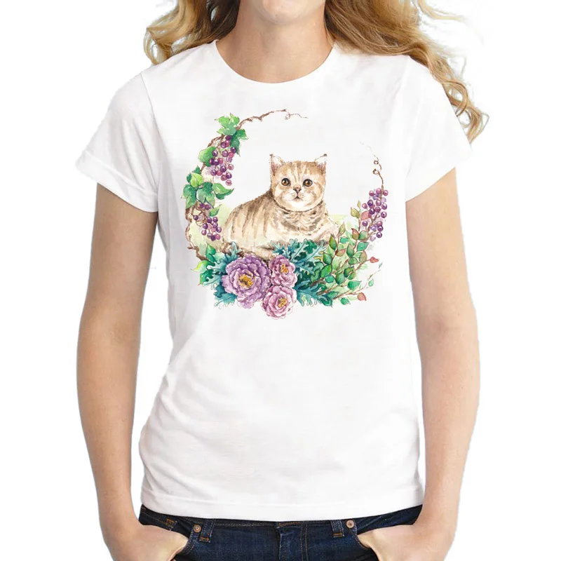 Футболка женская в стиле Харадзюку милая рубашка с принтом кота топ рукавом