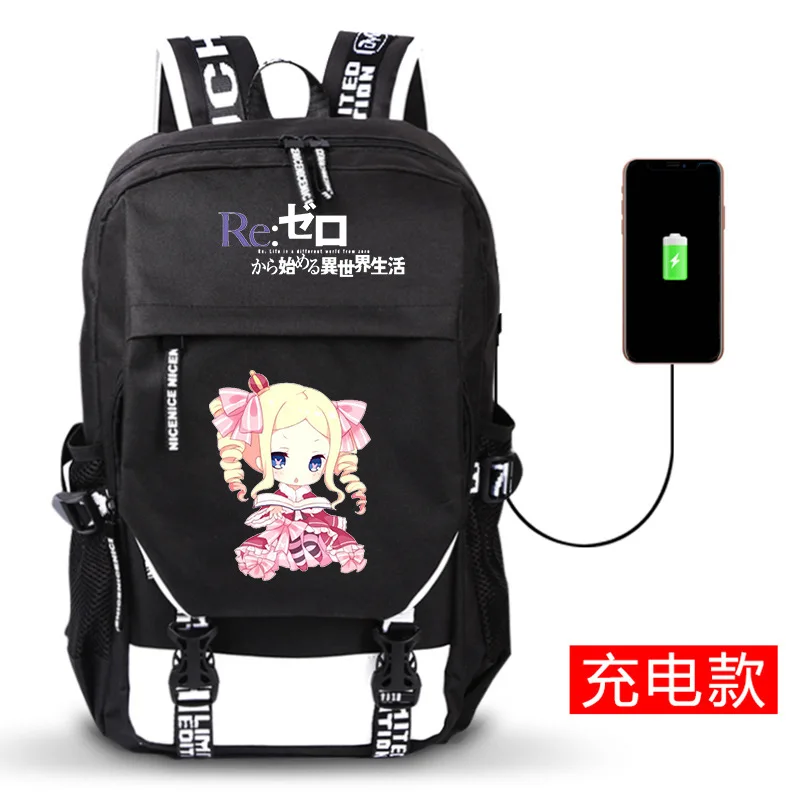 Рюкзак с принтом Re:Life In A другой мир школьный ранец Ram Rem USB зарядкой сумка для книг