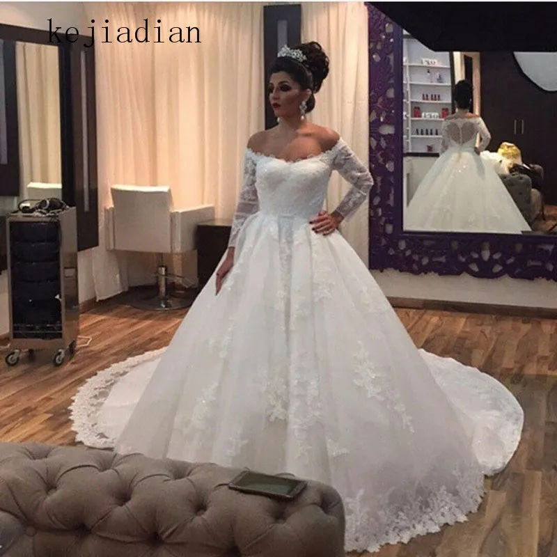 

Vestido De Noiva 2020 великолепный новый бальный наряд свадебное платье с открытыми плечами Тюль с аппликацией и длинными рукавами свадебное платье ...