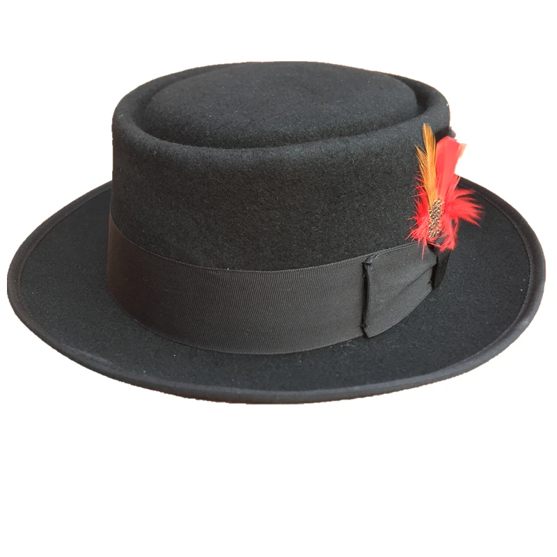 Classic Wool Felt Black Pork Pie Hat  Porkpie Jazz Fedora Hat Round Top Trilby Stingy Brim feather Cap