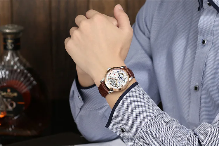 Новая мода 3D Видимый полый циферблат Мужские Tourbillon часы Авто самообветренные