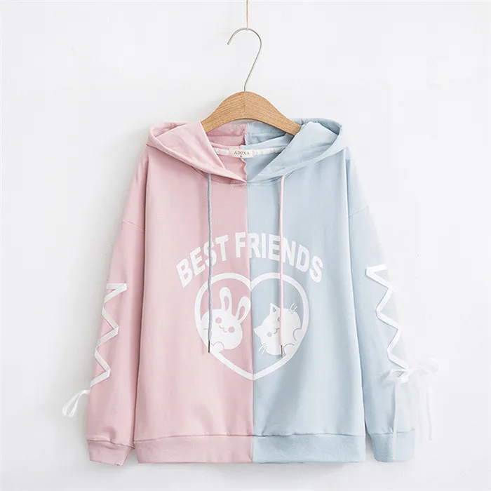 Merry Pretty Kawaii, женские толстовки с капюшоном, кролик, кот, милый пэчворк, милые девушки, на шнуровке, длинный рукав, толстовка, женские пуловеры