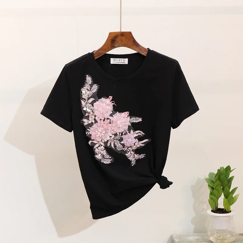 black tshirt ALPHALMODA Vogue модные 3D футболки с цветочным узором рваные джинсы для женщин Стильный комплект одежды с тяжелой вышивкой отдельно - Цвет: black tshirt