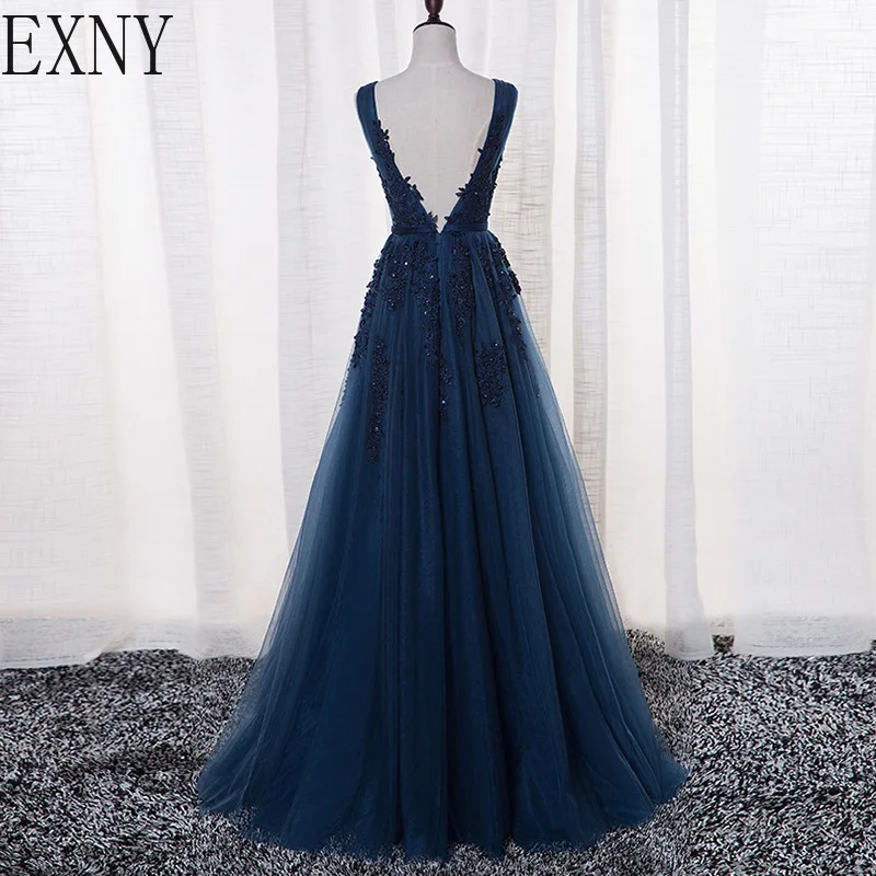 EXNY Sexy v-образным вырезом вечернее платье халат De Soiree 2019 Темно-синие Тюль с