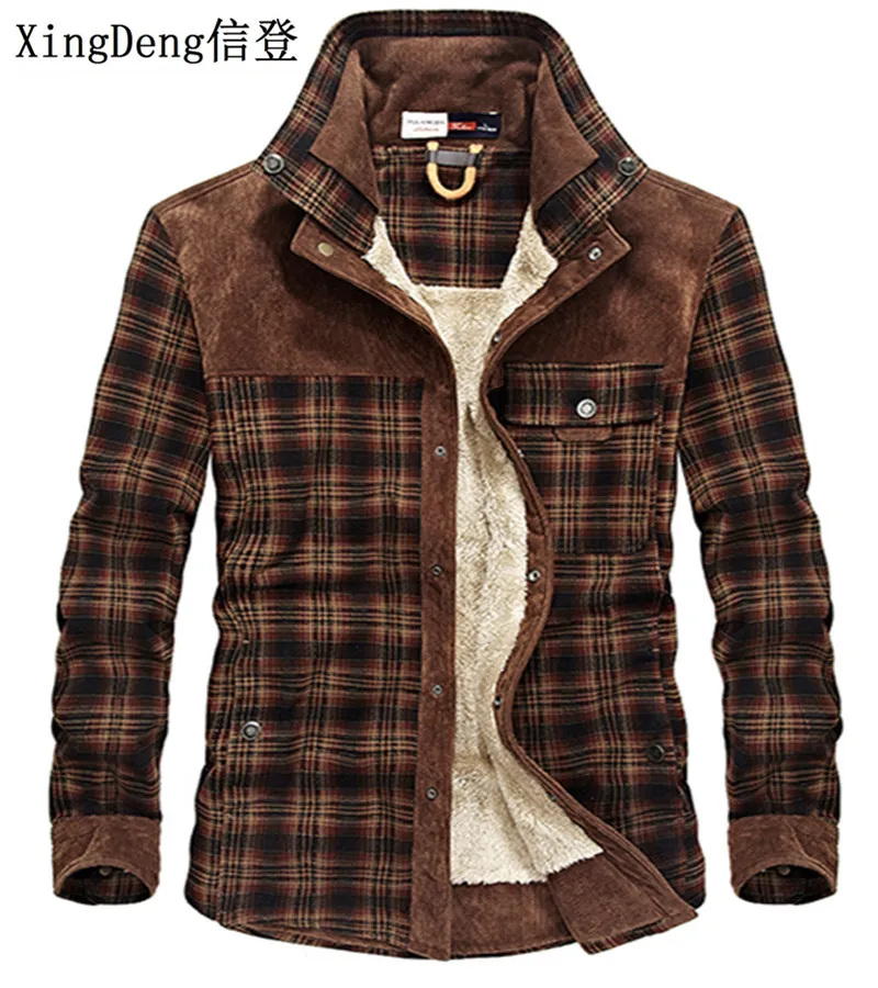 

XingDeng 100% Cotton Plaid Mens fashion Military Fleece Shirt Warm Male Shirt Army Men's Dress Shirts Blouses top clothes