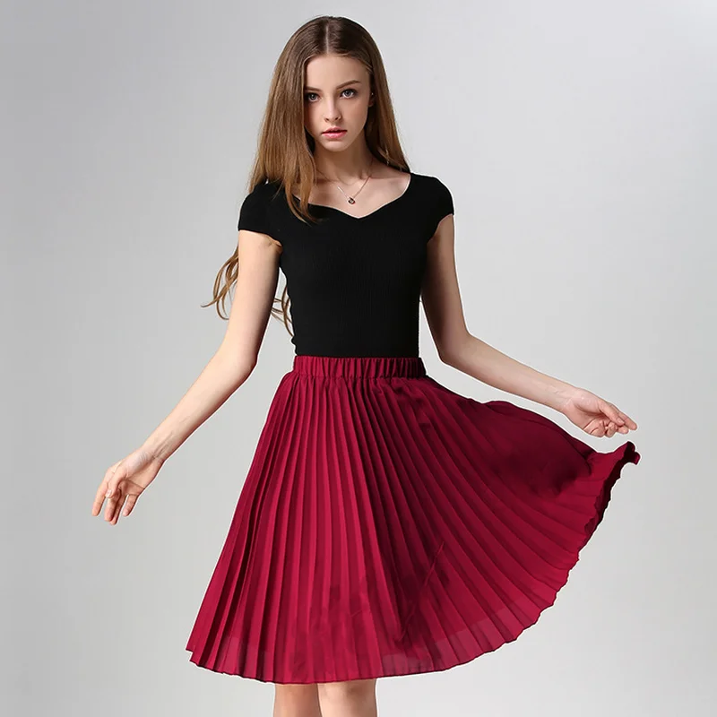 Женская шифоновая плиссированная юбка Повседневная однотонная розовая средней