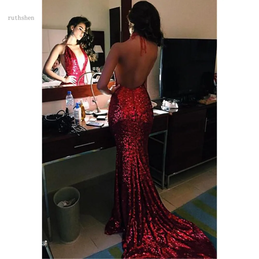 

Sexy Deep V Neck Backless Prom Dresses Long Halter Sequined Count Train Mermaid Evening Dress Special Occasion Party Gowns