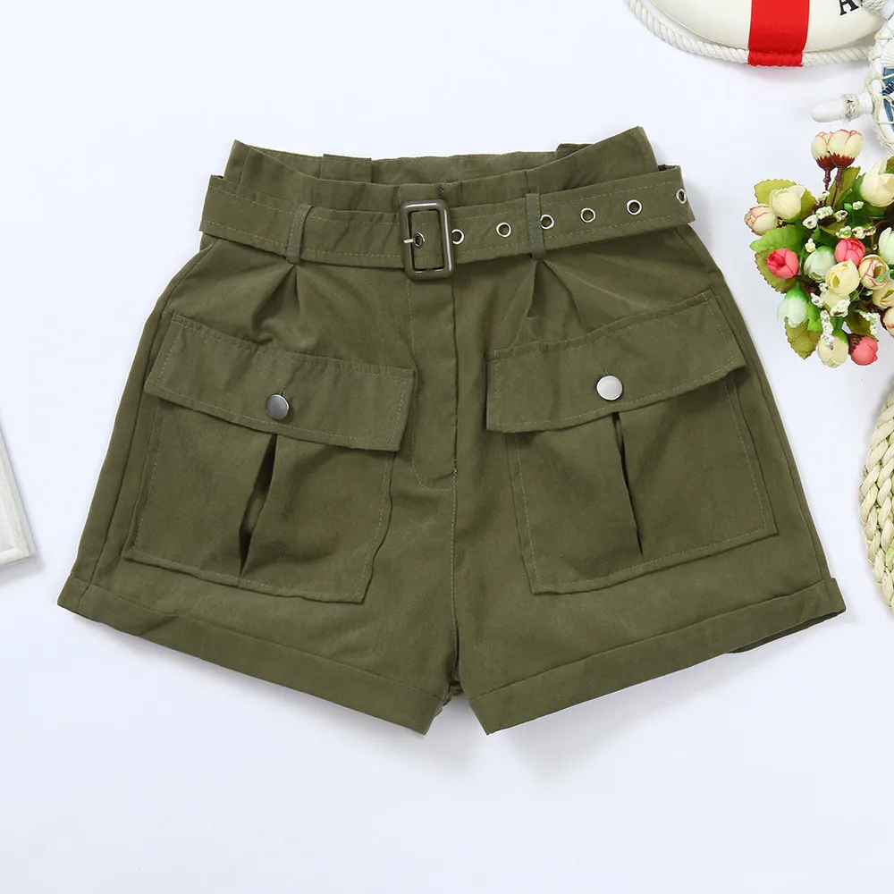 Шорты женские зеленые с карманами свободные ремнем 2019 | Женская одежда