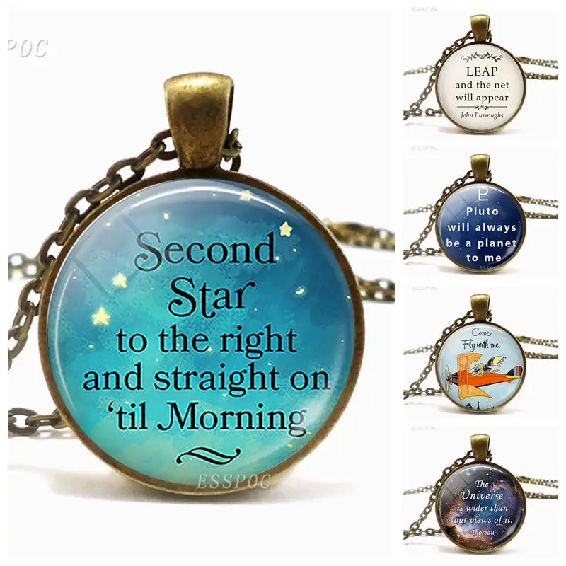 

Second Star To The Right Necklace Pendant Quote Glass Bronze Chain Jewelry Life Literary Quote Necklace Gift