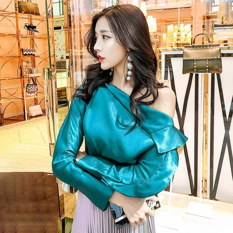 blue shirt TWOTWINSTYLE, сексуальные атласные топы с воротником, женские с открытыми плечами, с длинным рукавом, с рюшами, женские рубашки, блузка, осенняя мода, новинка - Цвет: blue shirt