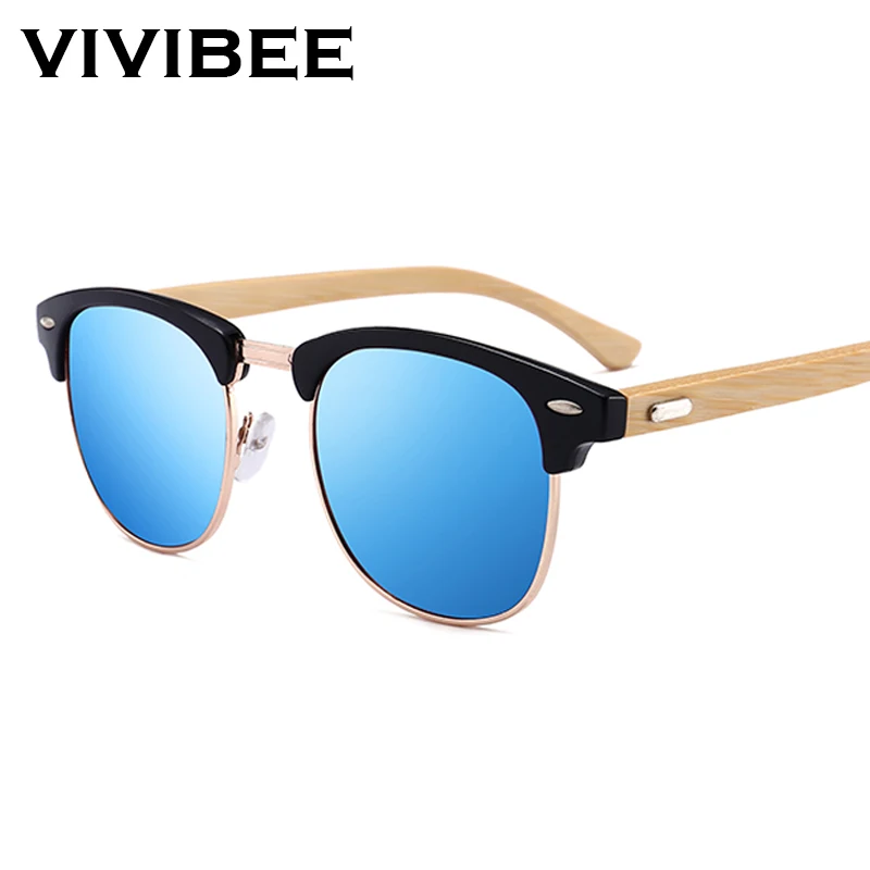 VIVIBEE полуоправы Бамбуковые мужские солнцезащитные очки трендовые синие линзы зеркальные квадратные деревянные Солнцезащитные очки женские винтажные мужские оттенки
