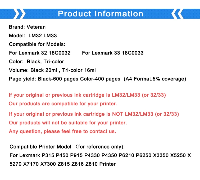 Ветеран картридж с чернилами для принтера Lexmark 32 33 P315 P450 P915 P4330 P4350 P6250 X3350 X5250 X5270 X5450