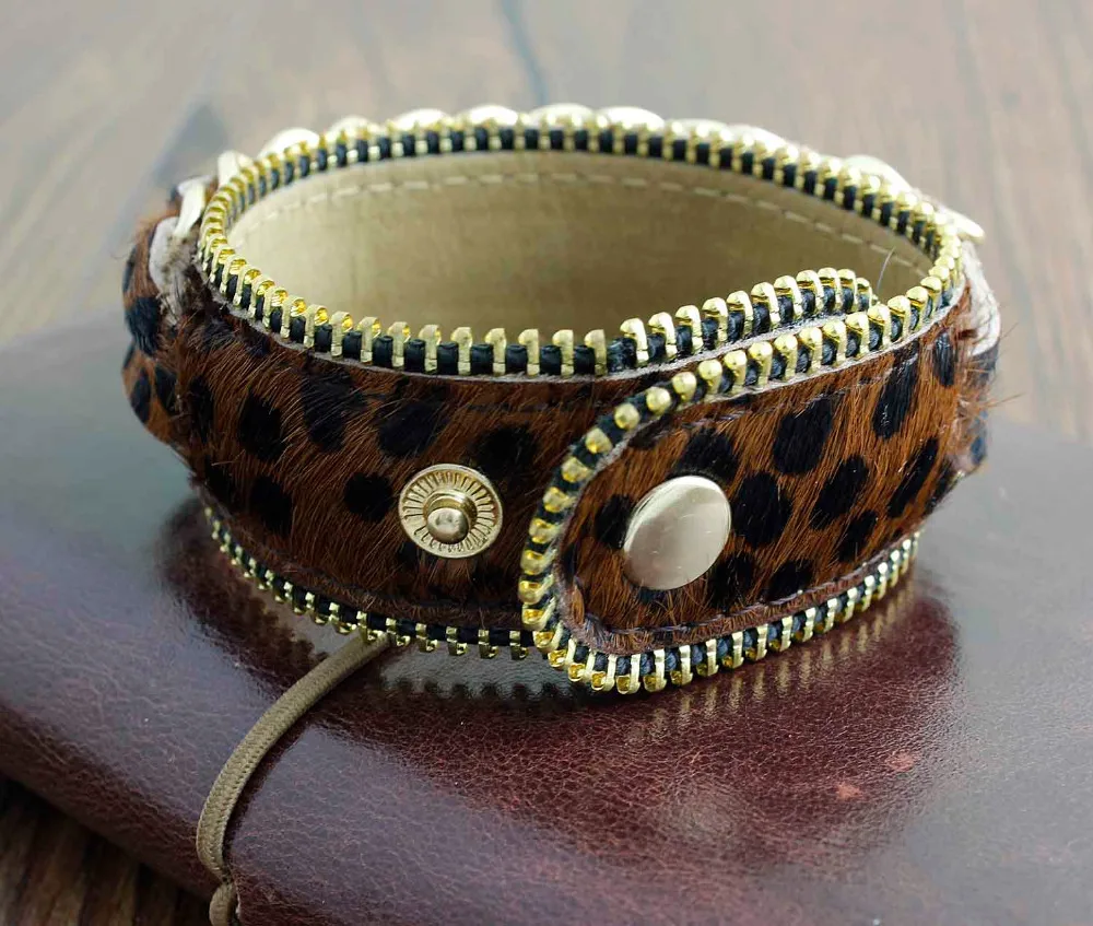 Fashion Cool Women's Brown Leopard Leather Cuff Bracelet with Gold Metal Chain JI07 | Украшения и аксессуары