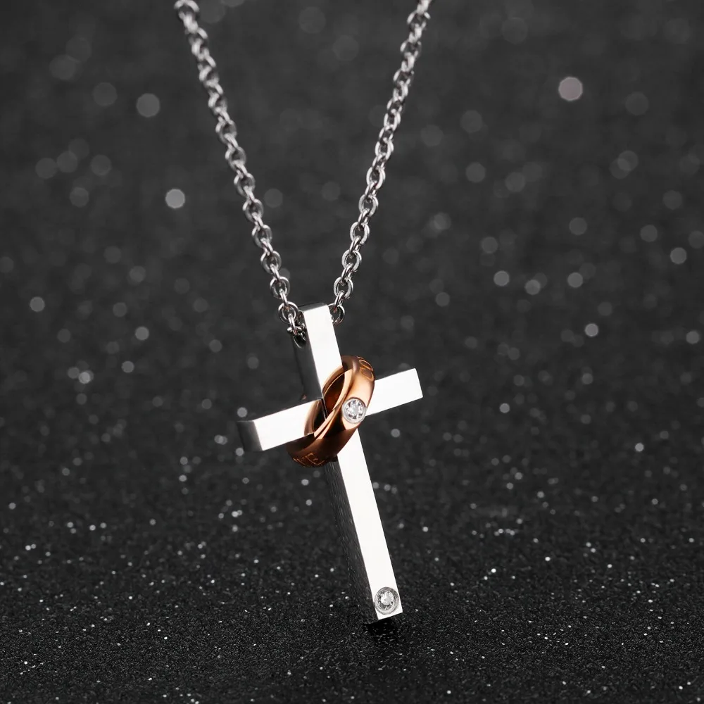 Классический крест кулон пара ожерелье инкрустированные кубического циркония