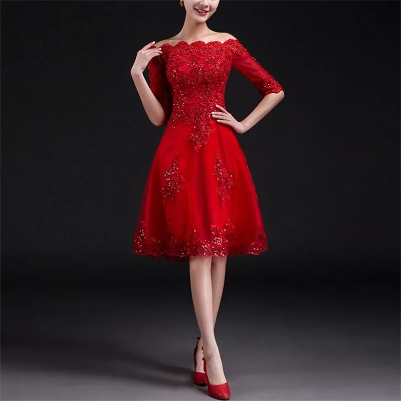

New Short Evening Dresses with Appliques Elegant Half Sleeve Bride Gown Ball Prom Party Homecoming/Graduation Formal Dress