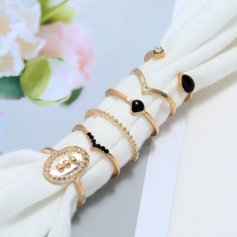 6 шт./компл. Европейский тисненый штамп кольцо капля черный кристалл золотой шарм