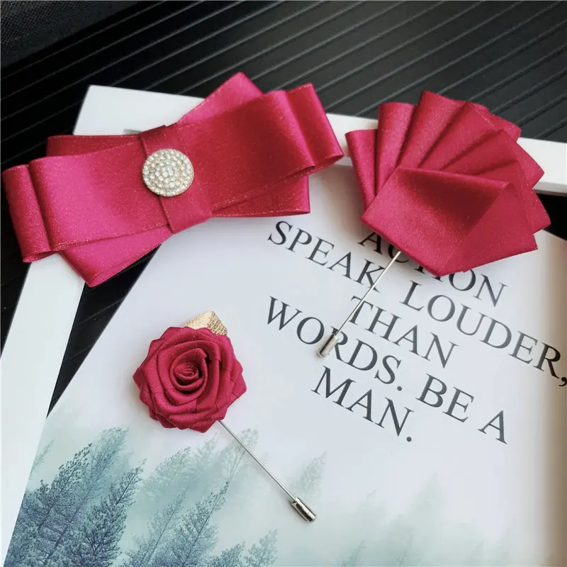Handmade Bow Tie Set 3 шт., мужские галстуки-бабочки унисекс, стразы, брошь, набор носовых платков, Свадебный костюм, бизнес, Рождественский галстук, галстук, карманный квадратный галстук-бабочка - Цвет: Handmade Bow Tie Set