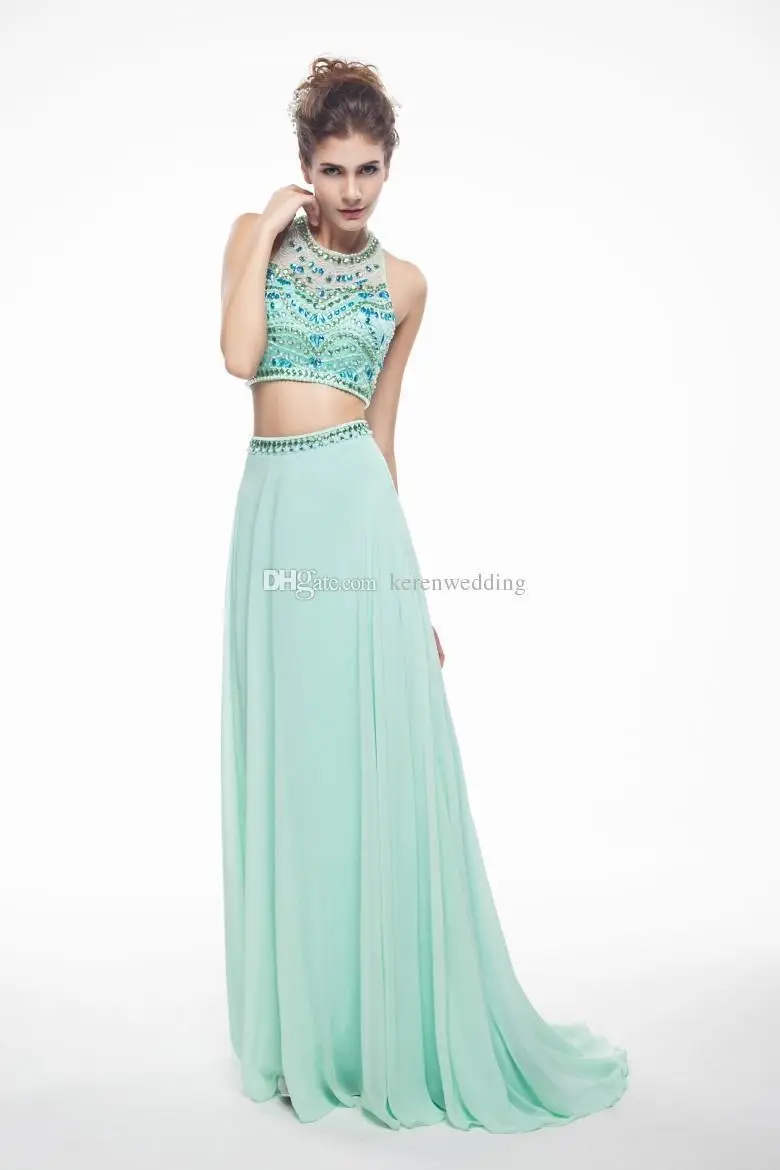 Two Pieces Long Prom Dresses 2015 with Sheer Neck Backless Party Dress Sexy Beading Crystals Mint Evening Gown S1546|dresse|dresses dropshipdress