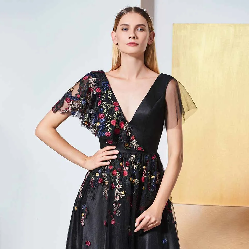 Dressv/Черное вечернее платье с v-образным вырезом короткими рукавами