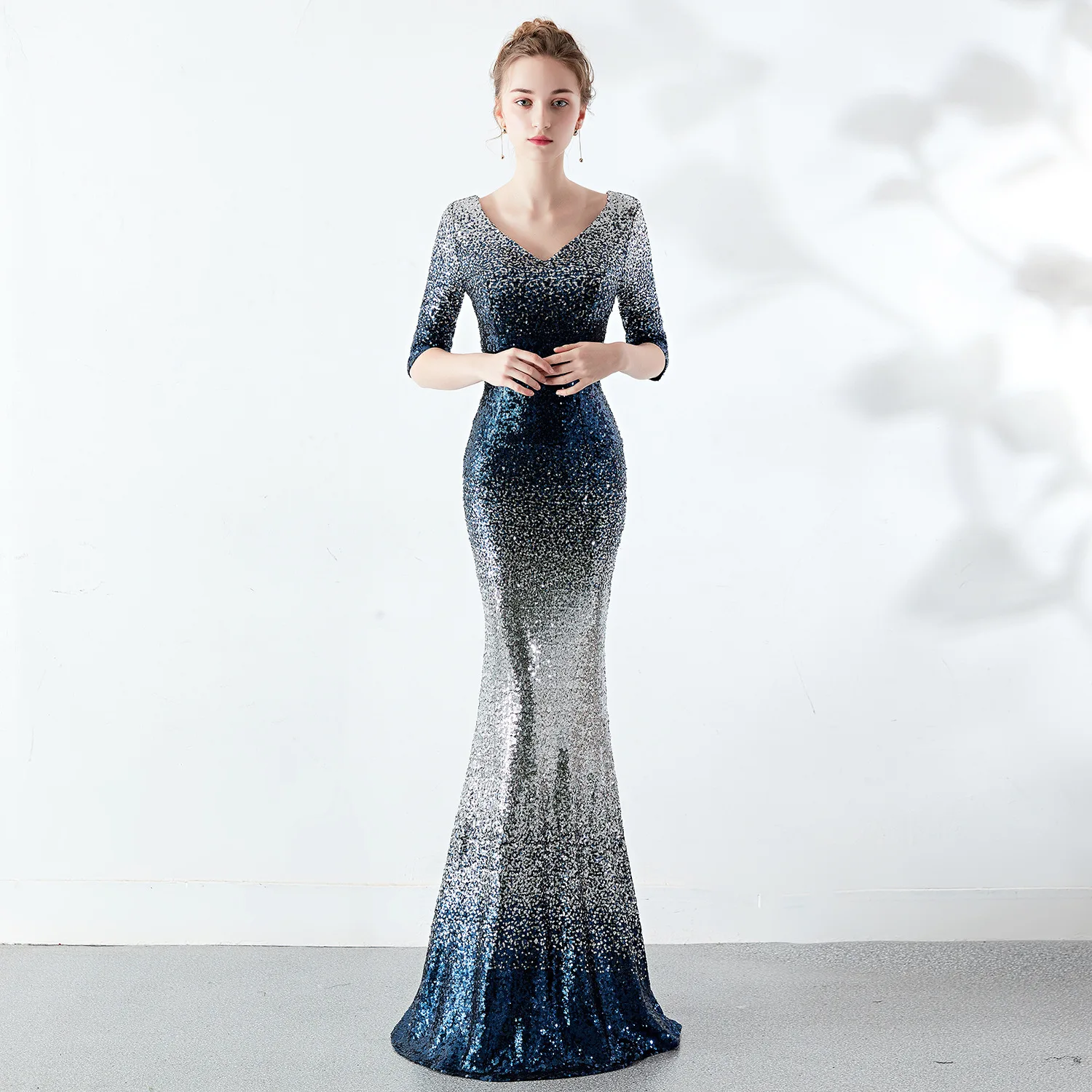 Robe De Soiree элегантное платье русалки с блестками вечернее платье с коротким рукавом Вечерние Длинное платье YD1188