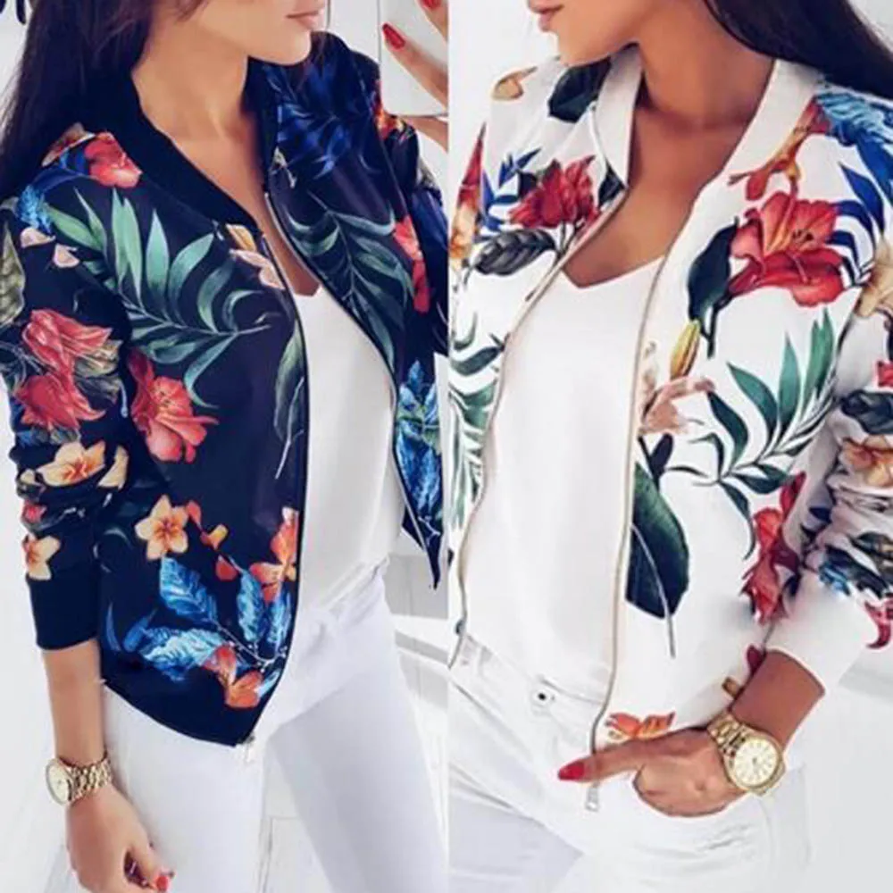 

Fashion spring flower jacket Women Zipper Long Sleeve Outwear Casual Tops female coat kimono basic bomber jacket women floral