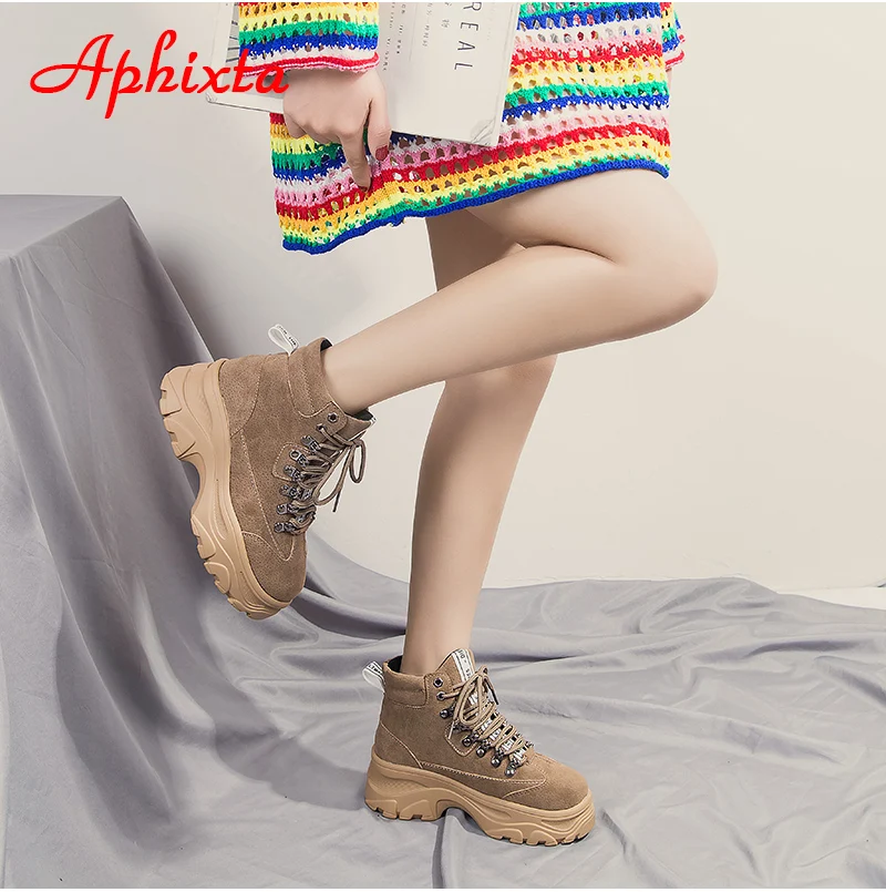 Aphixta/ботильоны на платформе; женская обувь из коровьей замши; зимняя обувь для верховой езды на толстой подошве; женская обувь на шнуровке; водонепроницаемые ботинки