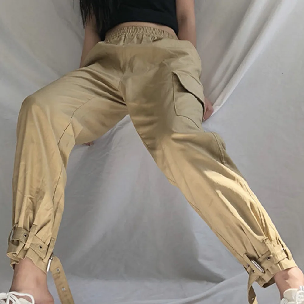 Women's cargo loose trousers high waist hip hop strap plus size Ladies pants side pocket running fitness Harem | Женская одежда