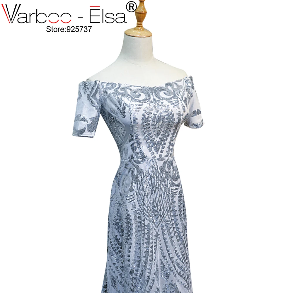 VARBOO_ELSA Sliver 2021 Prom Dresses Straight Short Sleeves Off The Shoulder Party Long Gown Evening Robe De Soiree | Свадьбы и