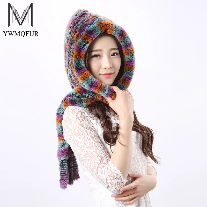 YWMQFUR Настоящая Натуральная шапка из меха кролика рекс для женщин зимний шарф бини
