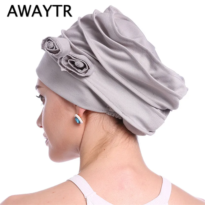 AWAYTR, 1 шт., женские модные банданы, осенне-зимний шарф, эластичная повязка на голову, тюрбан с цветком, шапка, мусульманские украшения для волос