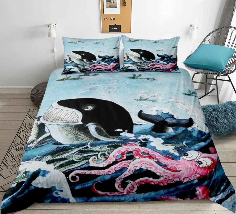 

Ocean Dream Blue whale Bedding Set shark Duvet Cover Set octopus Bed set with Pillowcase twin full queen king dropshiping